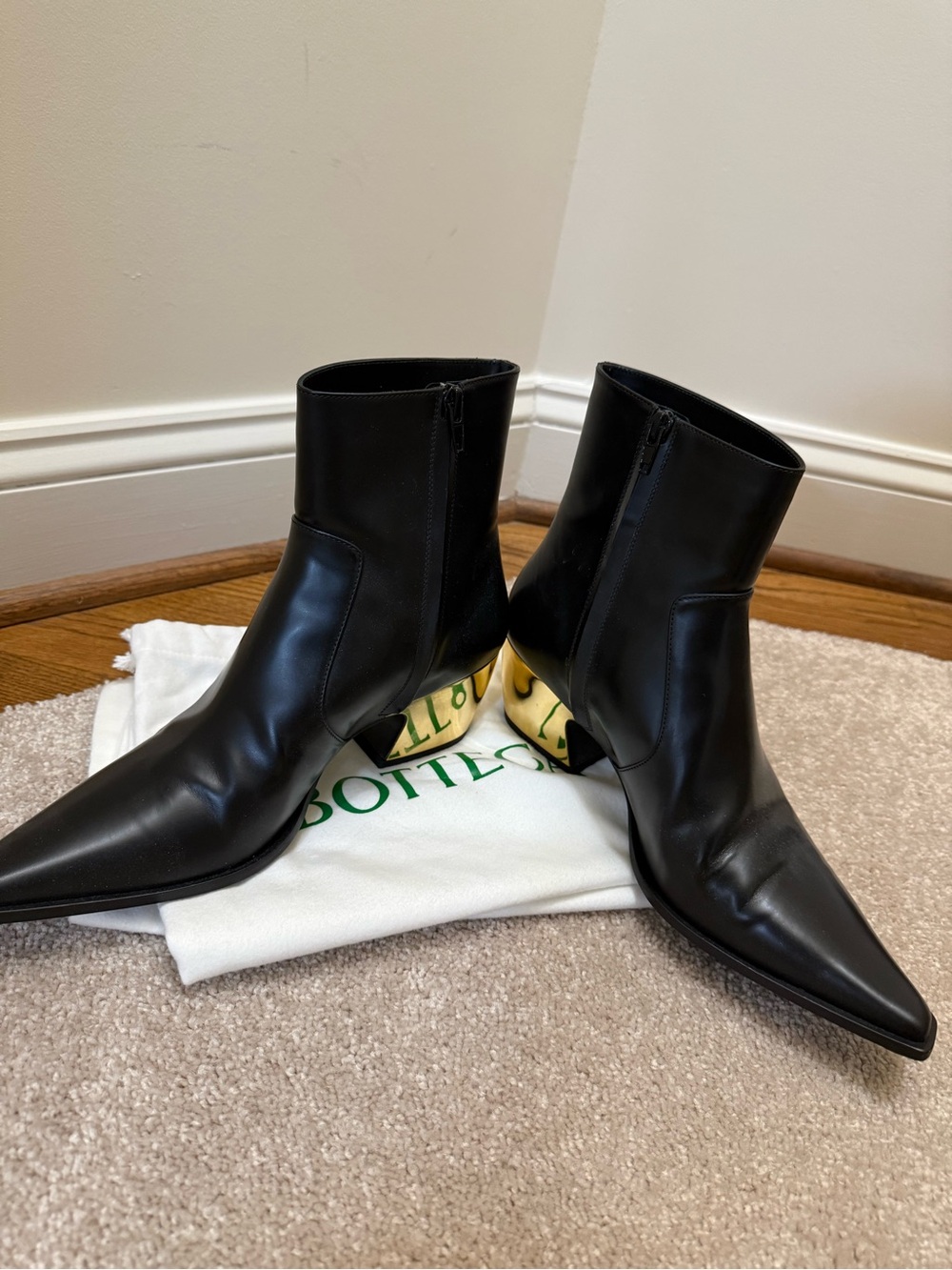 Bottega Veneta Black Leather Pointed Ankle Boots with Gold Sculpted Heel